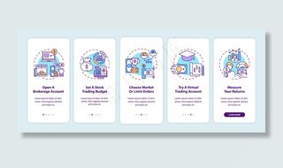 股票交易步骤登船手机app移动应用程序app页面屏幕与概念。开户、设置预算演练5步图解说明。