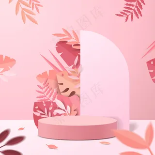 具有几何形式的抽象极小场景。圆柱形讲台展示或展示产品实物模型样机，粉红色背景，带纸页。