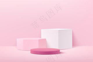 摘要淡粉色立方体六边形和圆形产品在现代网站上的展示。