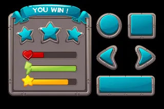 游戏概念为游戏的金属界面。菜单的蓝色按钮和框架的矢量图。