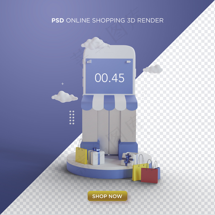 在线购物3d渲染与智能手机商店蓝色背景psd模版下载