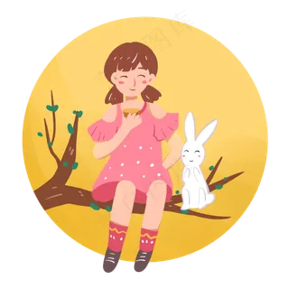 中秋节女孩和玉兔吃月饼PNG