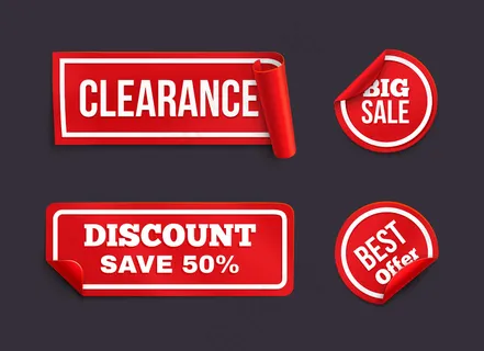 红色卷边贴纸。以消费主义为主题的贴纸。