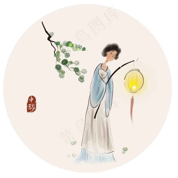 中秋节水墨拿灯笼的少女(2000X2000(DPI:300))psd模版下载