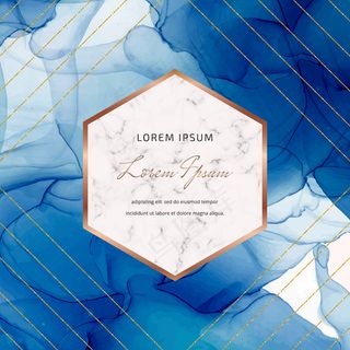 蓝色酒精墨水背景与几何大理石框架，金色闪光线条。