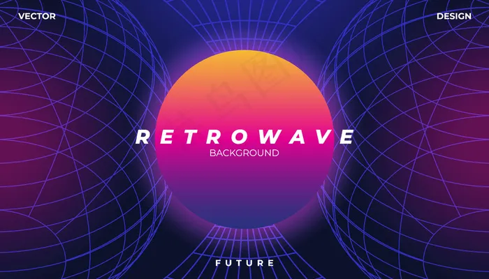Retrowave赛博霓虹背景景观80年代风格。eps,ai矢量模版下载