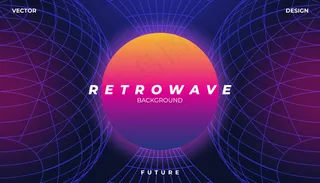 Retrowave赛博霓虹背景景观80年代风格。