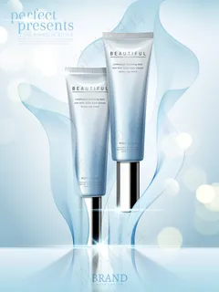 清新的护肤管广告，优雅的化妆品与雪纺隔离在波基浅蓝色的背景