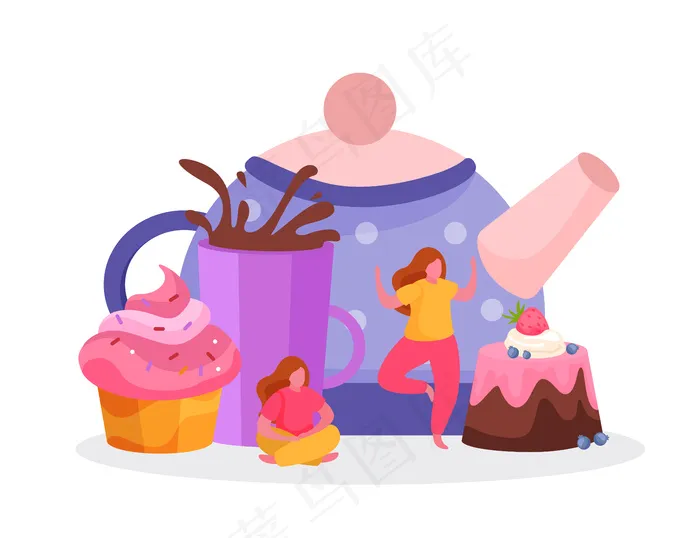 茶点时代女性人物平面背景蛋糕杯泼茶壶插画eps,ai矢量模版下载