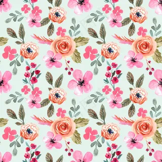 水彩无缝图案春粉色暖绿色叶子