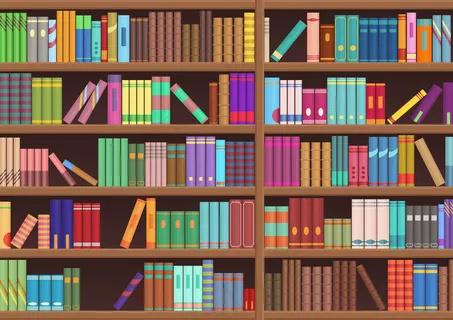 图书馆书架文学图书卡通背景。