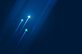 深蓝色背景上的亮箭头向上电路，带有复制空间复制插图，业务增长概念。