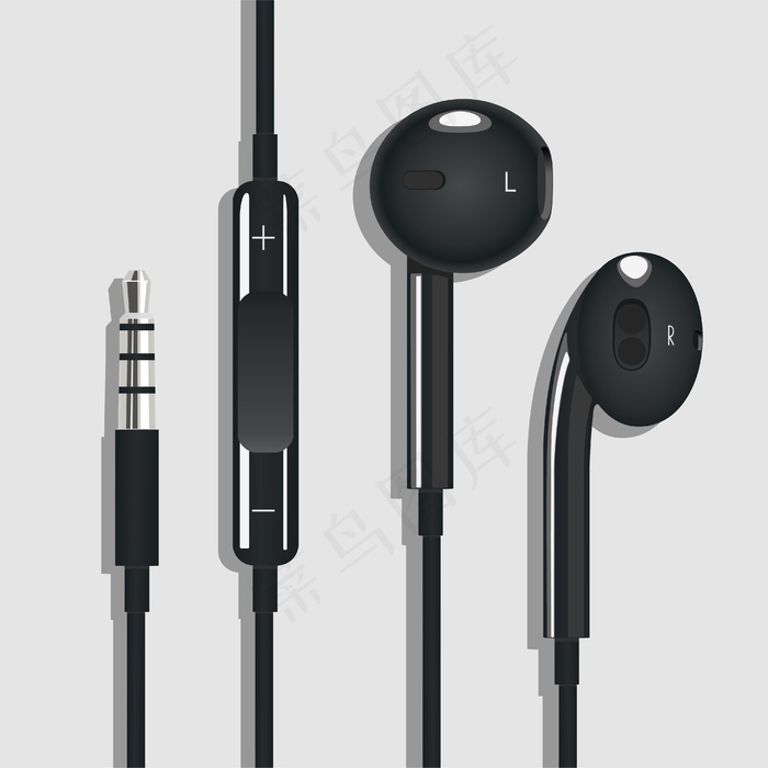 手机的耳机。个人黑色耳机俯视图。