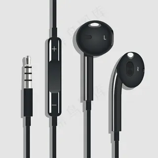 手机的耳机。个人黑色耳机俯视图。