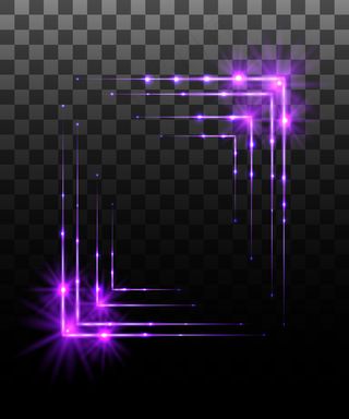 发光系列。紫色边框效果，透明背景上的灯光效果。太阳光透镜耀斑，星星。闪耀的元素。插图