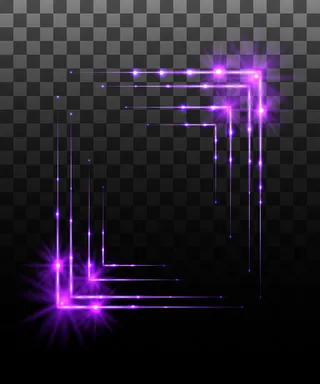 发光系列。紫色边框效果，透明背景上的灯光效果。太阳光透镜耀斑，星星。闪耀的元素。插图