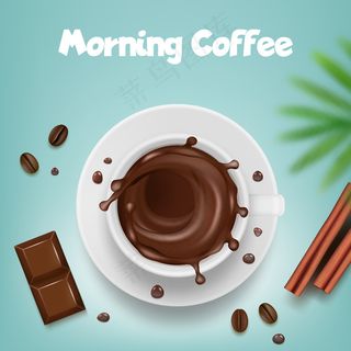 咖啡广告。带有咖啡杯的海报，带有热棕色飞溅物和豆子载体产品模板