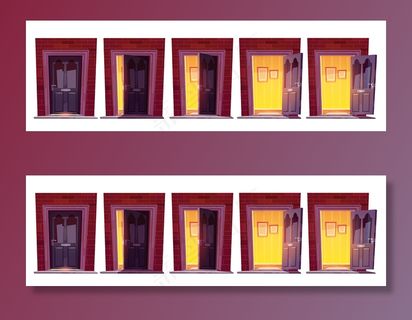 在白色背景上隔离的砖墙中打开木制前门