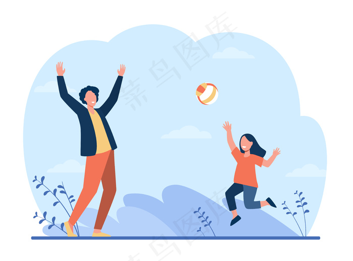 快乐的女孩和爸爸打排球。有趣，爸爸，孩子。eps,ai矢量模版下载