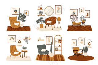 时尚的波西米亚内饰，配有各种舒适的扶手椅、家用植物和猫咪。波西米亚风格的舒适客厅