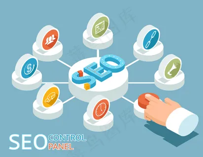 Seo控制面板概念。手动按下seo控制面板上的按钮。