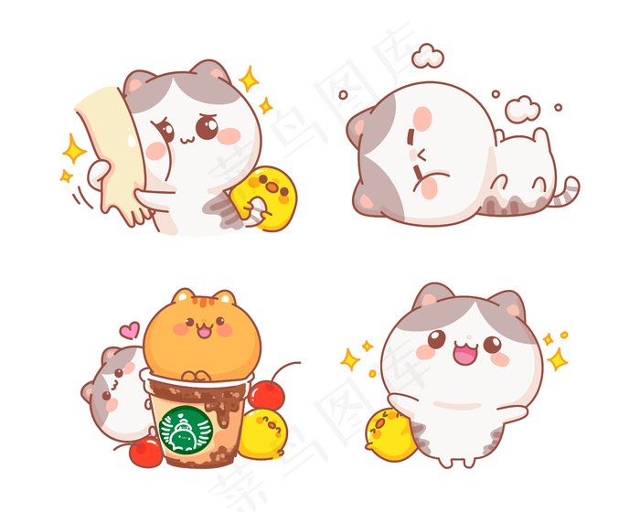 一套快乐可爱的猫卡通插图eps,ai矢量模版下载