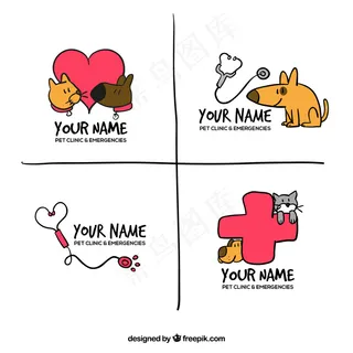 一包四个手绘的动物和配件标志