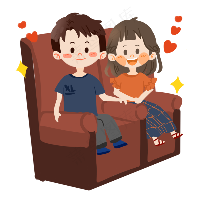 七夕卡通情侣一起看电影PNG素材