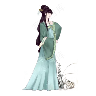 古风中国水墨绿衫罗裙少女PNG