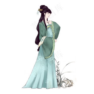 古风中国水墨绿衫罗裙少女PNG