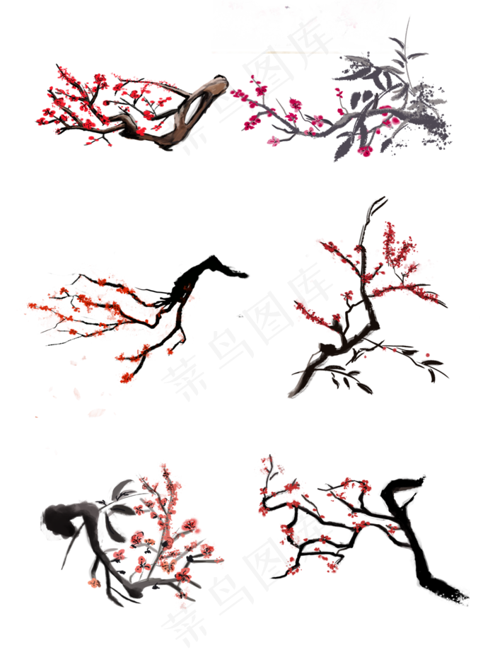 手绘国画水墨风红梅大集合(3072X4107(DPI:300))psd模版下载