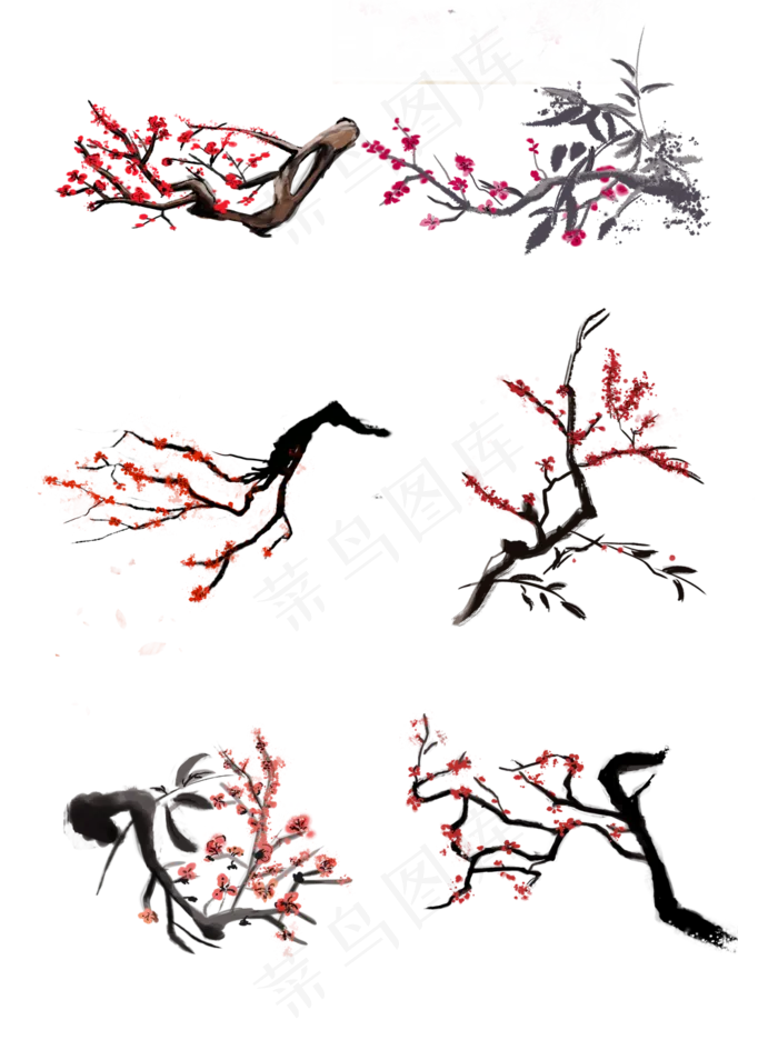 手绘国画水墨风红梅大集合(3072X4107(DPI:300))psd模版下载