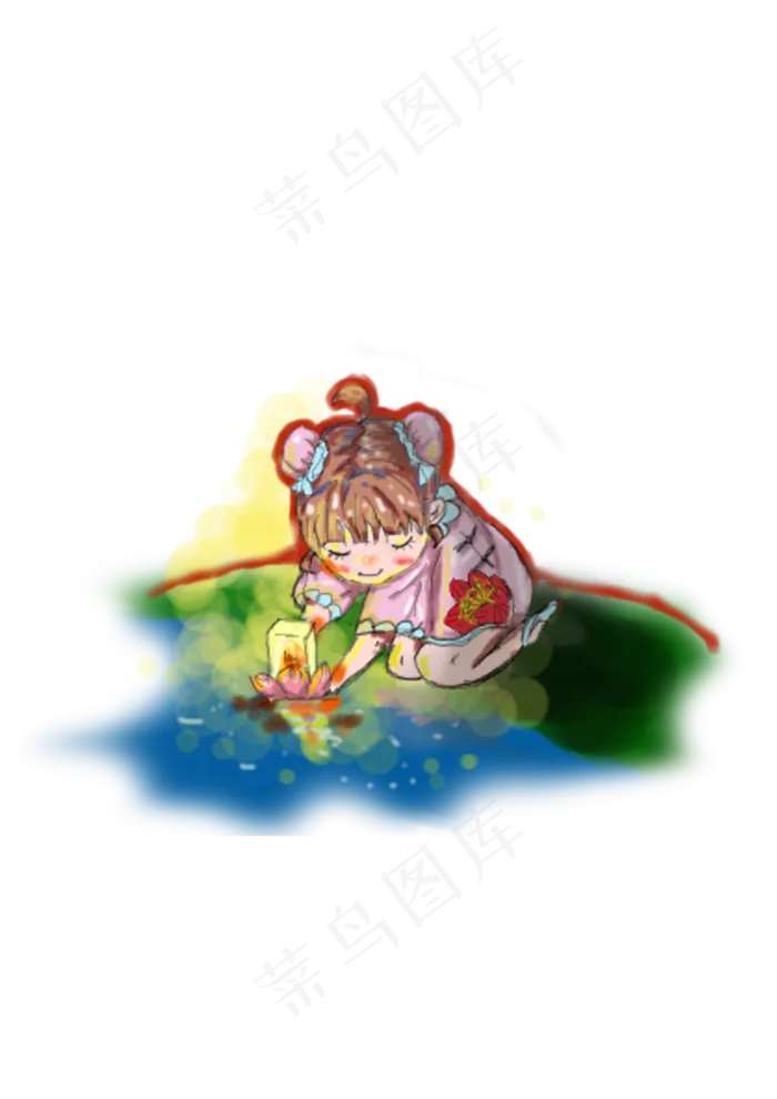 中元节卡通人物手绘放花灯免抠图(2480X3508(DPI:300))psd模版下载