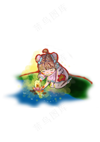 中元节卡通人物手绘放花灯免抠图