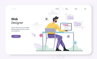 网页横幅banner模板及编程。网站响应性设计。坐在桌子旁的人。插图