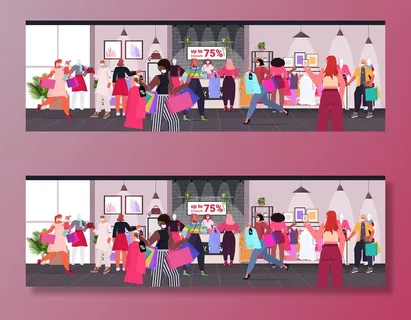 混血女孩戴着面具带着衣服和购物袋跑步黑色星期五大甩卖冠状病毒隔离概念时装店内部全长水平矢量插图