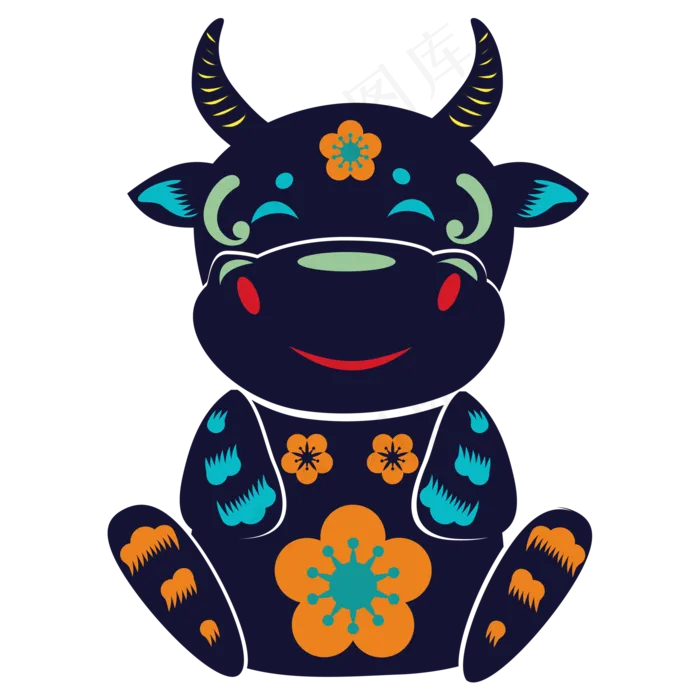 民族风牛年拼色牛剪纸(2000*2000px 300 dpi )ai矢量模版下载