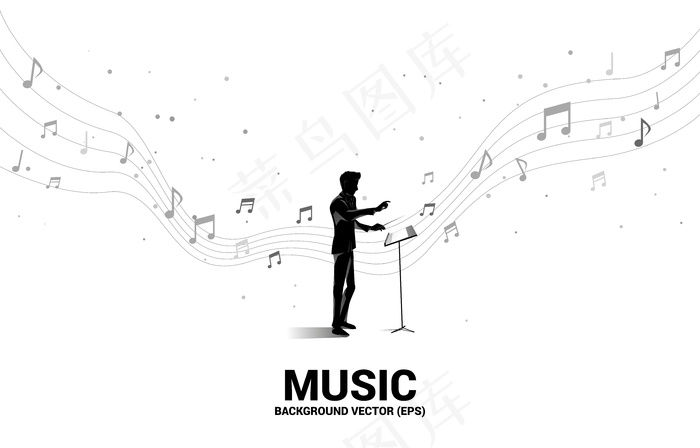 指挥家站着的剪影和飞扬的音符。管弦乐队音乐会和娱乐的概念背景。eps,ai矢量模版下载