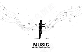 指挥家站着的剪影和飞扬的音符。管弦乐队音乐会和娱乐的概念背景。