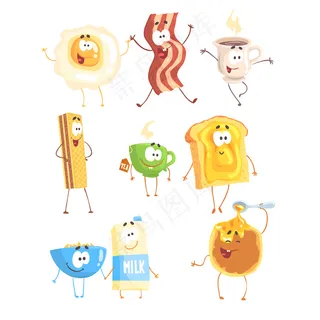 有趣的快餐，准备好了。早餐产品站着微笑。卡通详细插图