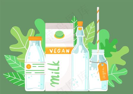 一套牛奶容器。带标签的塑料瓶、装有素食牛奶的纸箱包装、带软木塞的瓶子、带吸管和标签的瓶子、牛奶鸡尾酒