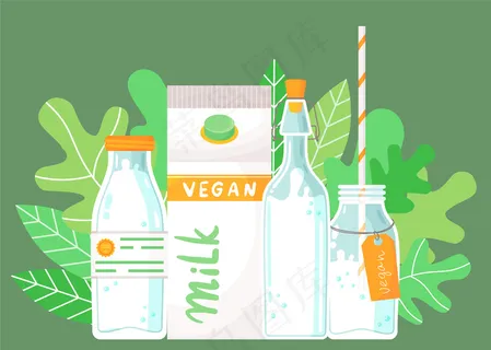 一套牛奶容器。带标签的塑料瓶、装有素食牛奶的纸箱包装、带软木塞的瓶子、带吸管和标签的瓶子、牛奶鸡尾酒