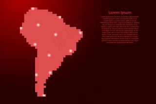 南美洲地图由红方块像素和发光的星星组成。矢量插图。