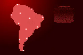 南美洲地图由红方块像素和发光的星星组成。矢量插图。