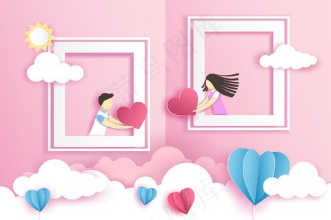 可爱的情侣在窗前用折纸心在情人节与你在一起。