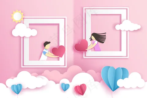 可爱的情侣在窗前用折纸心在情人节与你在一起。