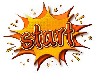 开始海报。思想泡沫和声音效果。波普艺术风格的黄橙色卡通演讲泡泡