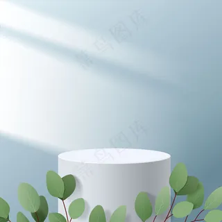 具有几何形式的抽象极小场景。蓝色背景的圆柱形白色讲台，带树叶。产品展示，实体模型样机，展示化妆品，讲台，舞台台座或平台。三维