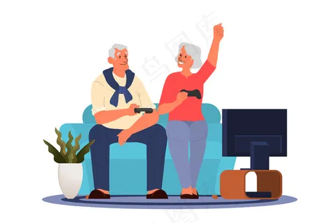 老年人玩电子游戏。老年人用游戏机控制器玩电子游戏。老年人有现代的生活方式。