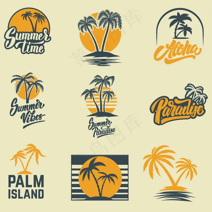 一套带有手掌的夏季标志。用于徽章、标志、徽标、标签、徽章。形象eps,ai矢量模版下载